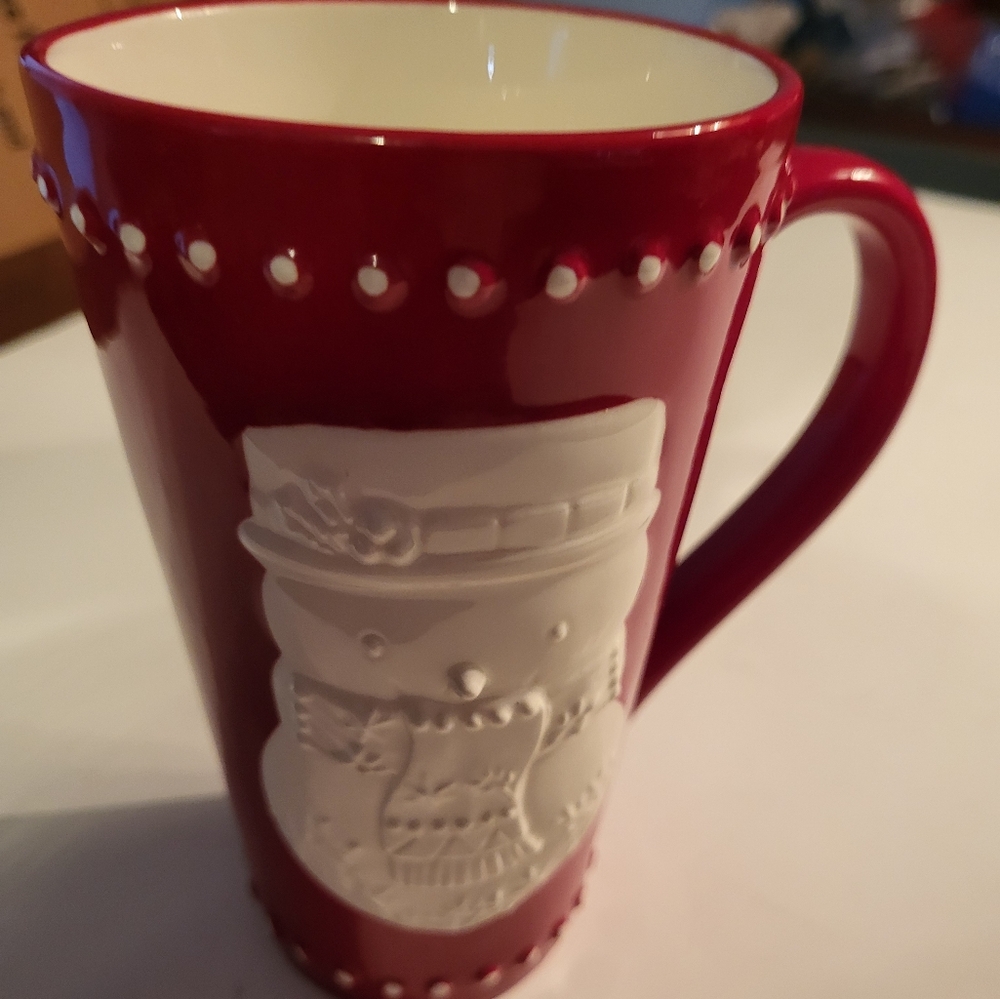 Hallmark Snowman Latte Coffee Mug Cup 2018 Red/White Embossed 6"  Collectable